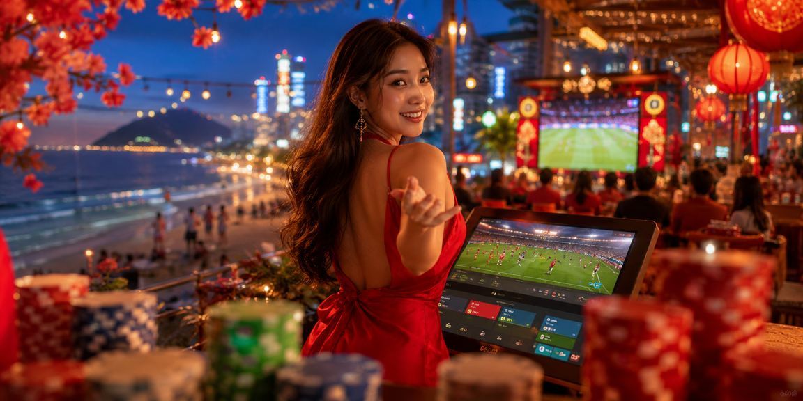 Người dùng tại Vũng Tàu xem kèo bóng đá và esports trên bãi biển buổi chiều